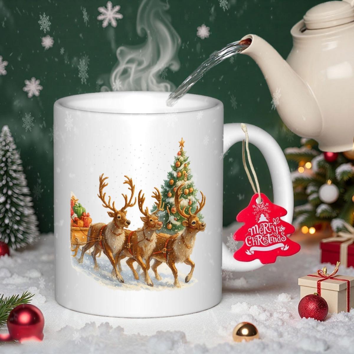 Tailorly White Ceramic 11 oz Mug - Merry Christmas Three Majestic Deer Walking Through Fresh Winter Snow Reindeer