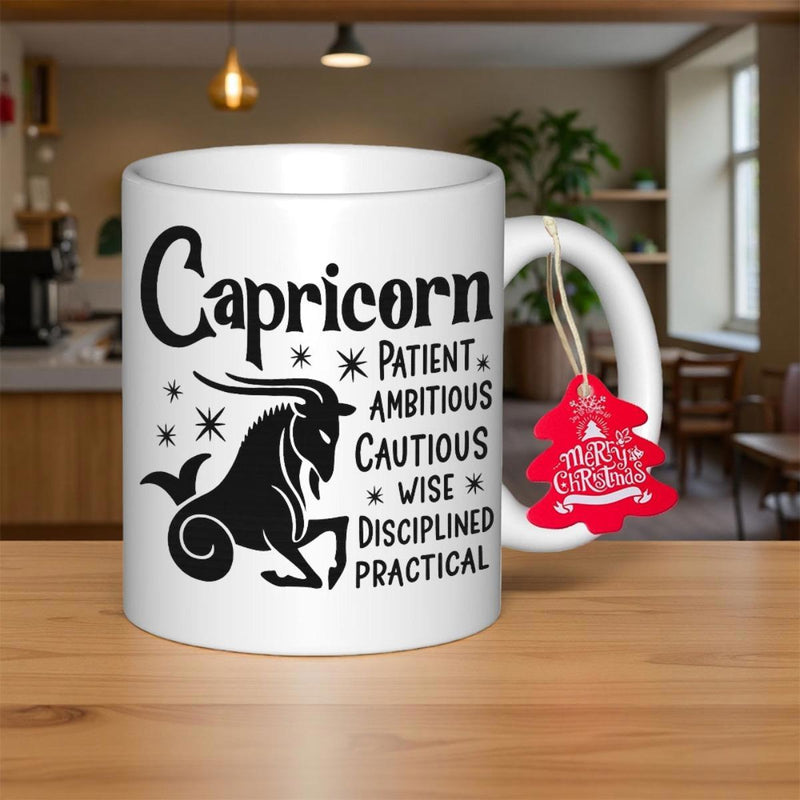 Tailorly White Ceramic 11 oz Mug - Capricorn Patient Ambitious Cautious Wise Disciplined Practical Mystical Sea Goat Silhouette Surrounded By Sparkling Stars And