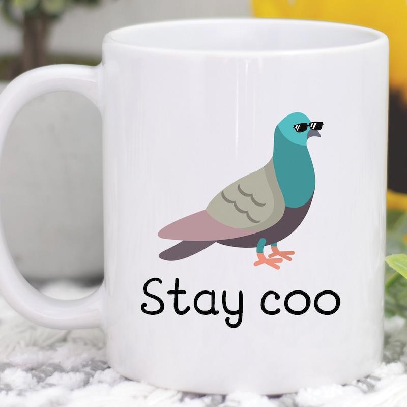 Tailorly White Ceramic 11 oz Mug - Stay Coo Cartoon Bird Wearing Black Sunglasses Standing Gracefully On White Background Pigeon