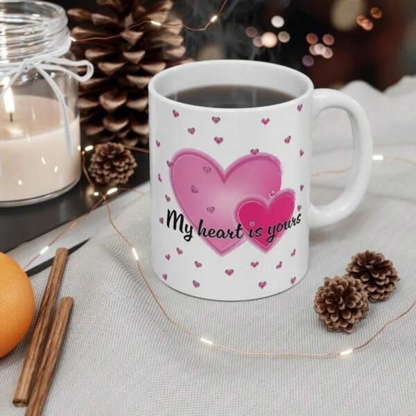 Tailorly White Ceramic 11 oz Mug - My Heart Is Yours Romantic Pink Gradient Hearts With Many Small Floating Tiny Hearts Heart
