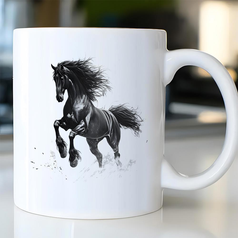 Tailorly White Ceramic 11 oz Mug - Majestic Galloping Black Stallion With Flowing Mane Running Through Mist Horse