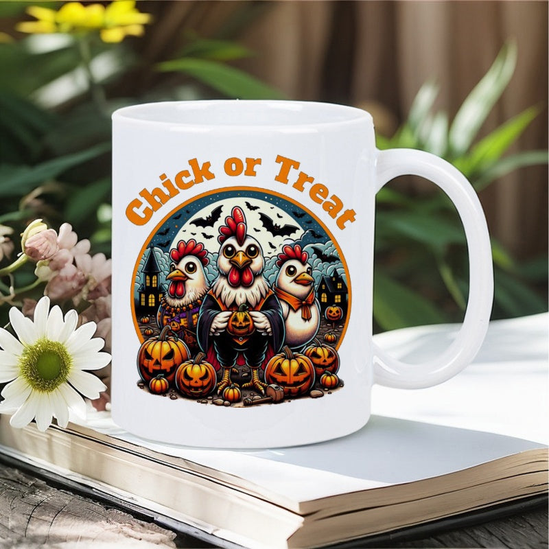 Tailorly White Ceramic 11 oz Mug - Chick Or Treat Spooky Chickens In Costumes Sitting Among Carved Halloween Pumpkins Chicken