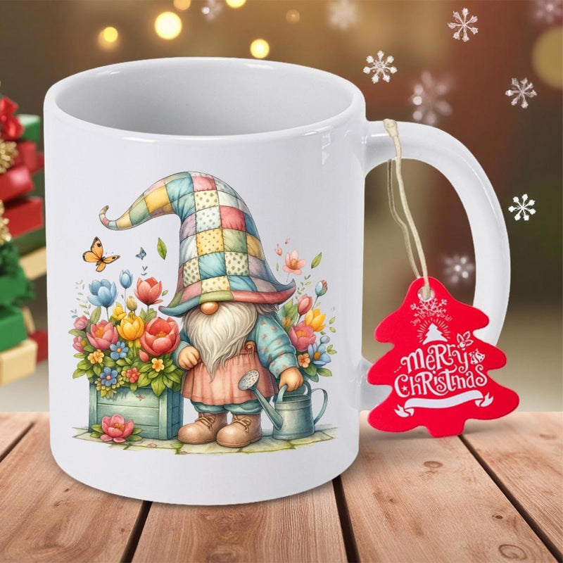 Tailorly White Ceramic 11 oz Mug - Merry Christmas Patchwork Hat Gardening Among Blooming Flowers And Flying Butterflies Gnome