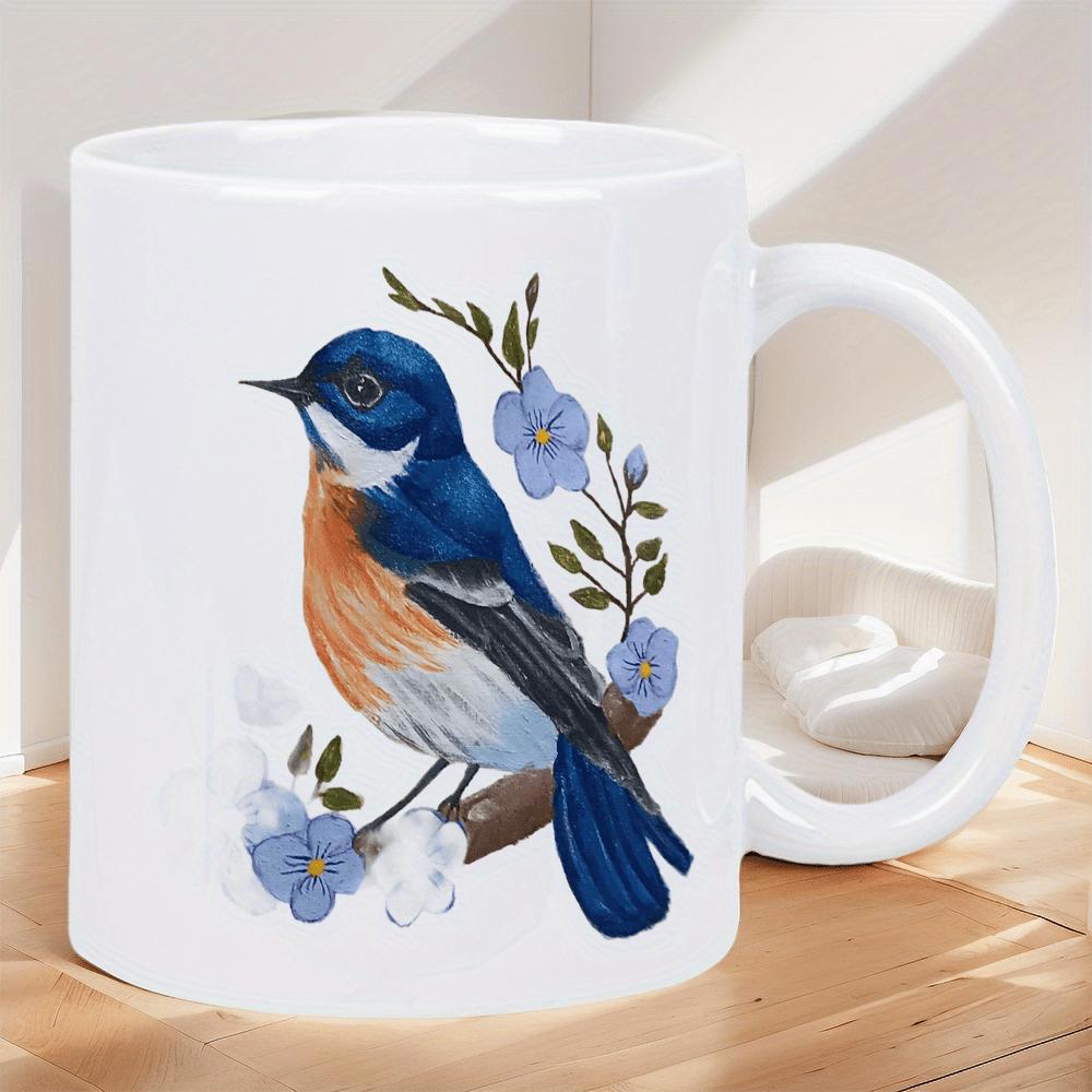 Tailorly White Ceramic 11 oz Mug - Elegant Watercolor Bluebird Perched On A Branch Among Delicate Blue Blossoms Bird