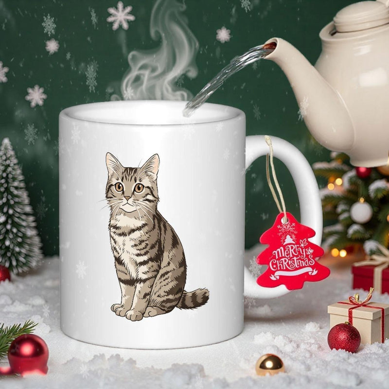 Tailorly White Ceramic 11 oz Mug - Merry Christmas Adorable Brown Tabby Feline Sitting Calmly Among Festive Holiday Decorations Cat