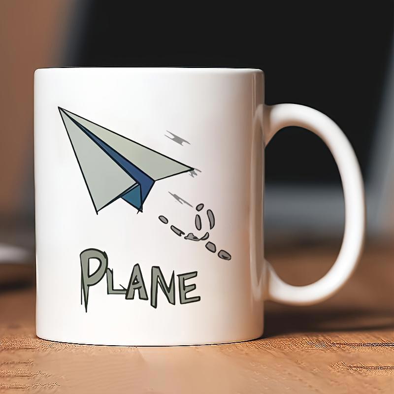 Tailorly White Ceramic 11 oz Mug - Plane Simple Hand Drawn Sketch Flying Through Clear Sky Paper Airplane