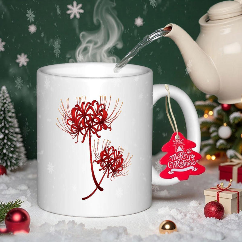 Tailorly White Ceramic 11 oz Mug - Elegant Crimson Red Spider Lily Blossoms Blooming With Delicate Realistic Detail Lily