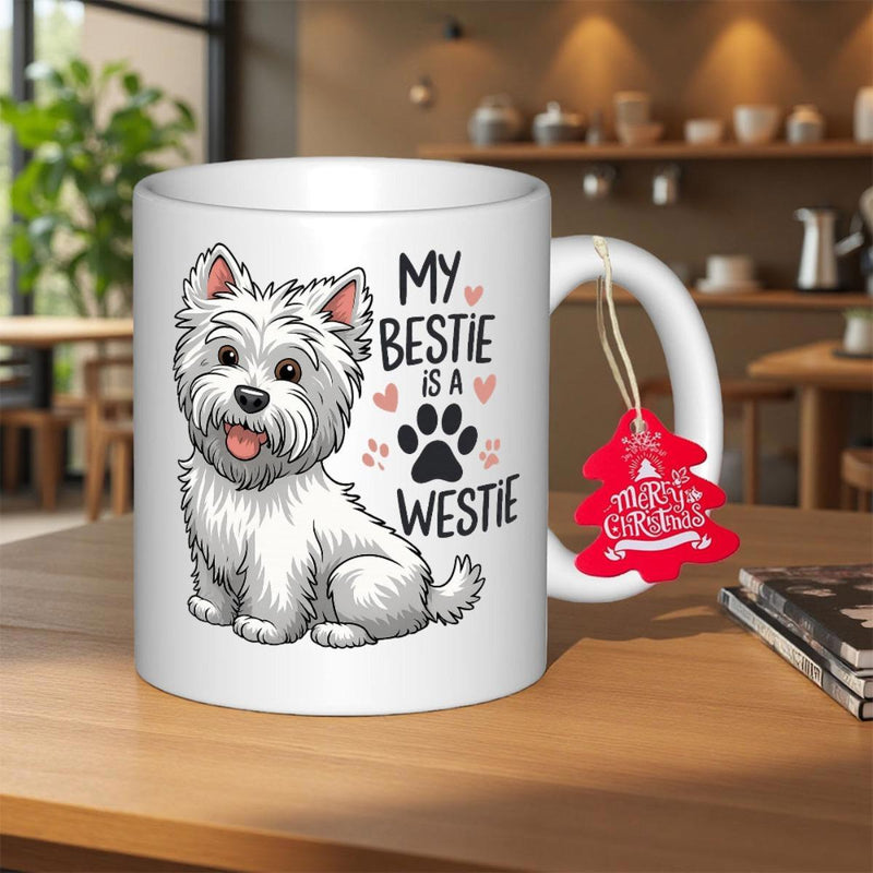 Tailorly White Ceramic 11 oz Mug - My Bestie Is A Westie Adorable White Furry Dog Sitting Peacefully Surrounded By Tiny Pink Hearts Westie