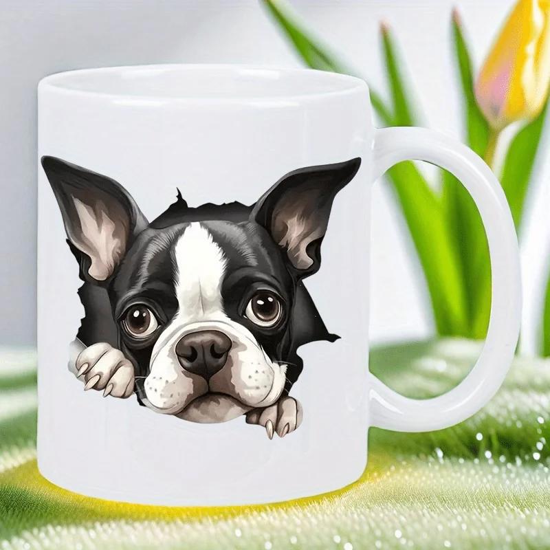 Tailorly White Ceramic 11 oz Mug - Adorable Black And White Boston Terrier Peeking Through Torn Paper Dog