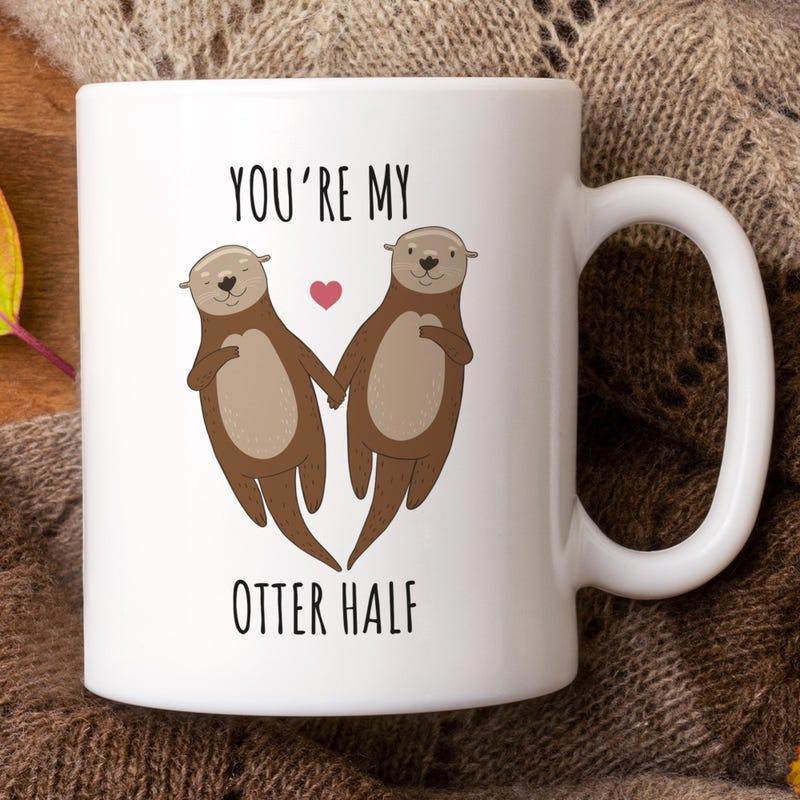 Tailorly White Ceramic 11 oz Mug - Youre My Otter Half Hand Drawn Cuddly Animals Floating Together Under Small Loving Heart Otter
