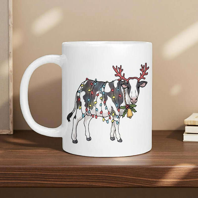 Tailorly White Ceramic 11 oz Mug - Festive Holstein Animal Decorated With Vibrant Christmas Lights And Reindeer Antlers Cow