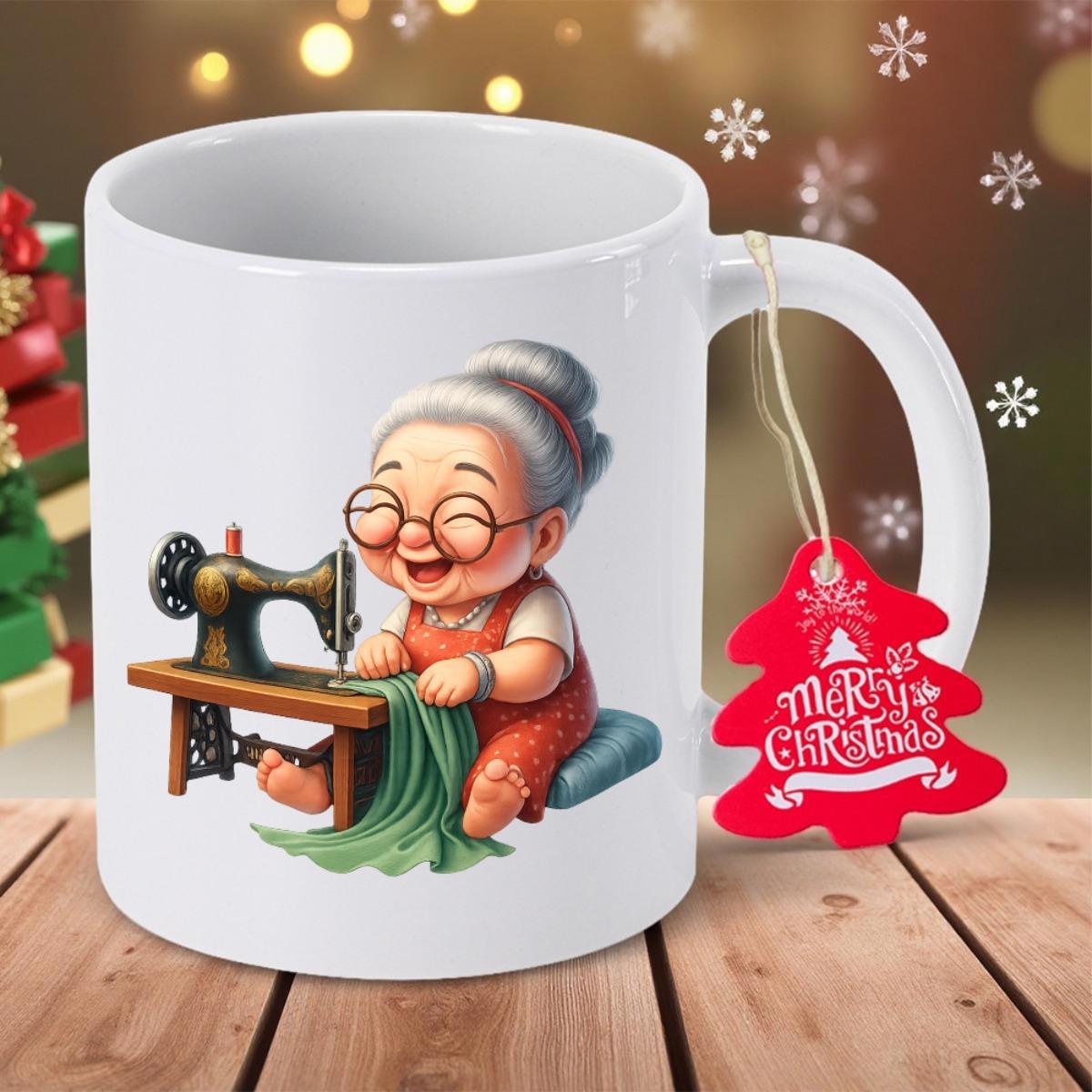 Tailorly White Ceramic 11 oz Mug - Merry Christmas Smiling Elderly Woman Sewing Green Fabric On A Vintage Table Grandmother