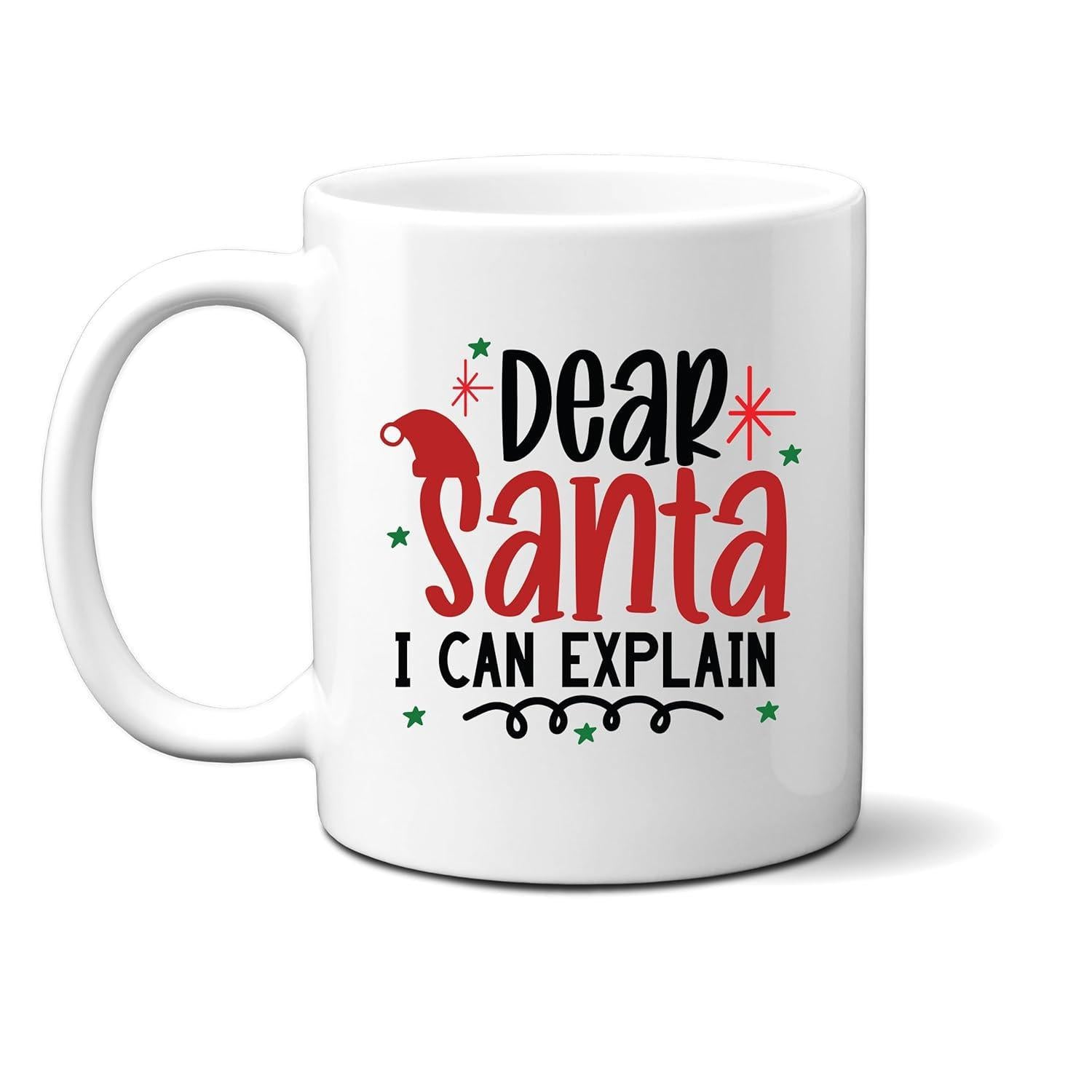 Tailorly White Ceramic 11 oz Mug - Dear Santa I Can Explain Festive Red Santa Hat With Sparkling Stars And Decorative Swirl Mug