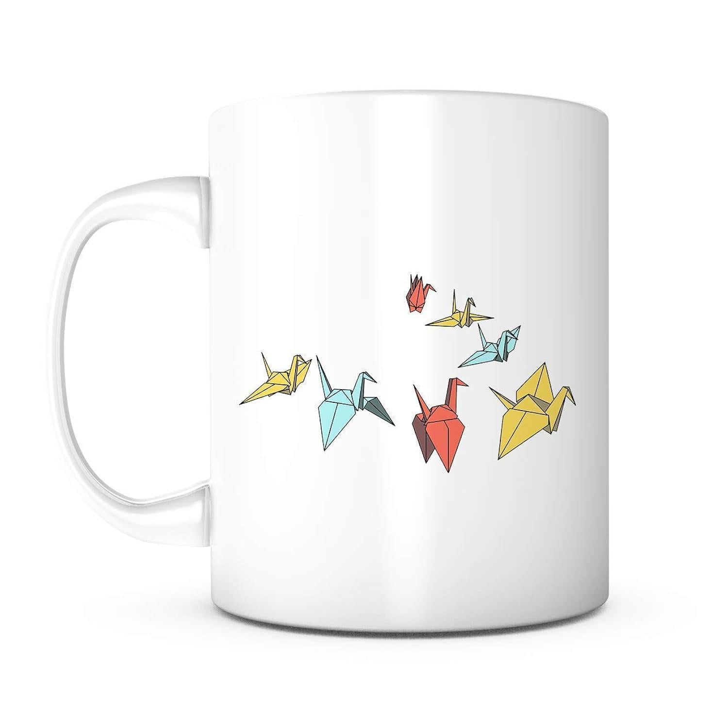 Tailorly White Ceramic 11 oz Mug - Colorful Hand Drawn Paper Birds Flying Together In A Graceful Cluster Crane
