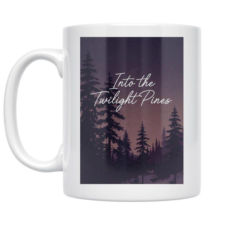 Tailorly White Ceramic 11 oz Mug - Into The Twilight Pines Silhouette Of Forest Trees Under A Soft Purple Sunset Sky Pine