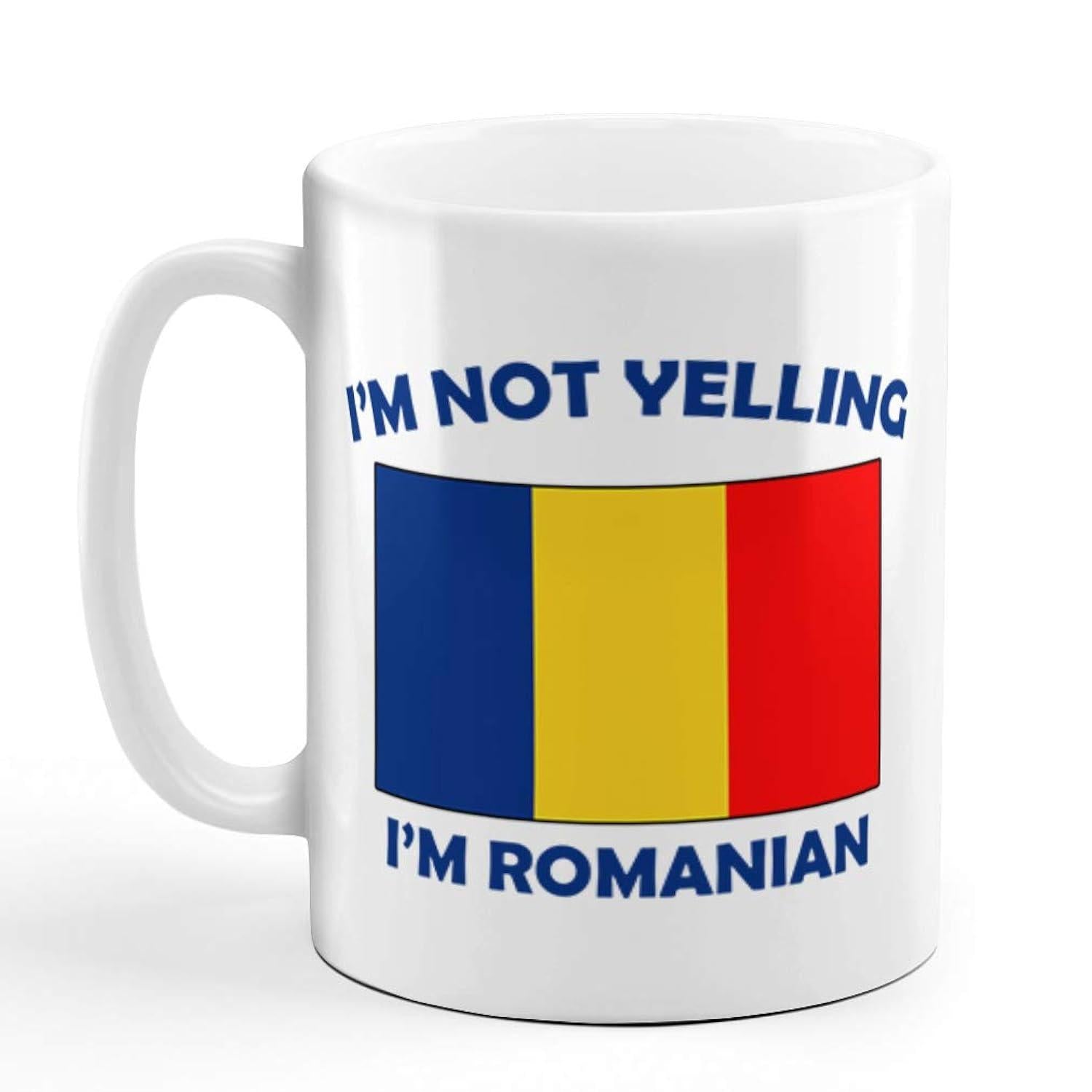 Tailorly White Ceramic 11 oz Mug - Im Not Yelling Im Romanian Vertical Stripes Representing The National Colors Of Blue Yellow Red Mug
