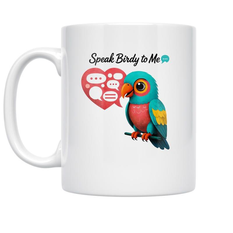 Tailorly White Ceramic 11 oz Mug - Speak Birdy To Me Colorful Tropical Parrot Perched On Branch Beside Heart Speech Bubbles Parrot