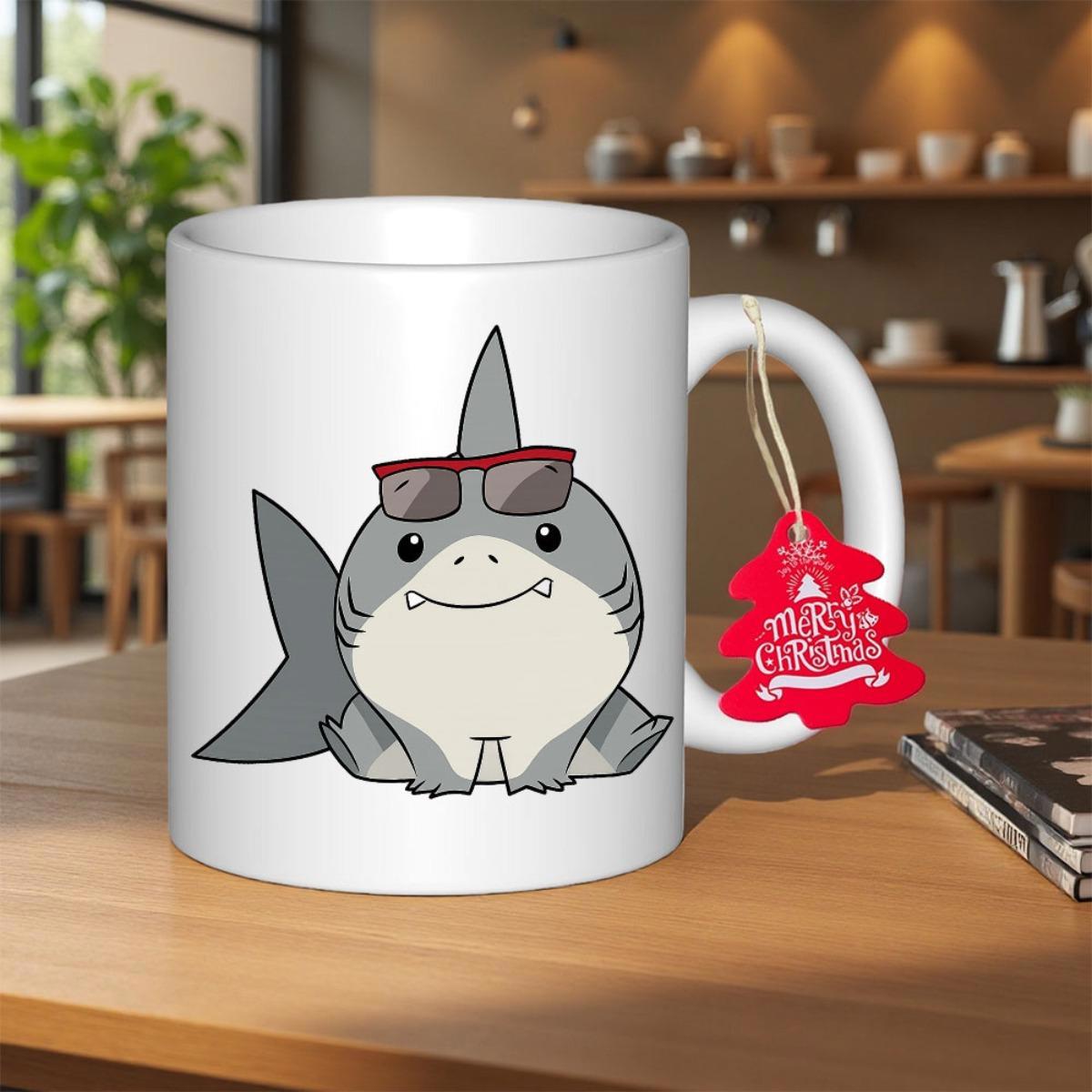 Tailorly White Ceramic 11 oz Mug - Merry Christmas Friendly Cartoon Sea Creature Wearing Sunglasses Smiling In A Relaxed Pose Shark