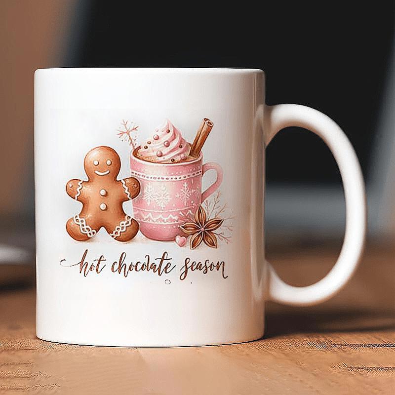 Tailorly White Ceramic 11 oz Mug - Hot Chocolate Season Sweet Festive Holiday Treats With Steaming Pink Cocoa Mug Gingerbread Man