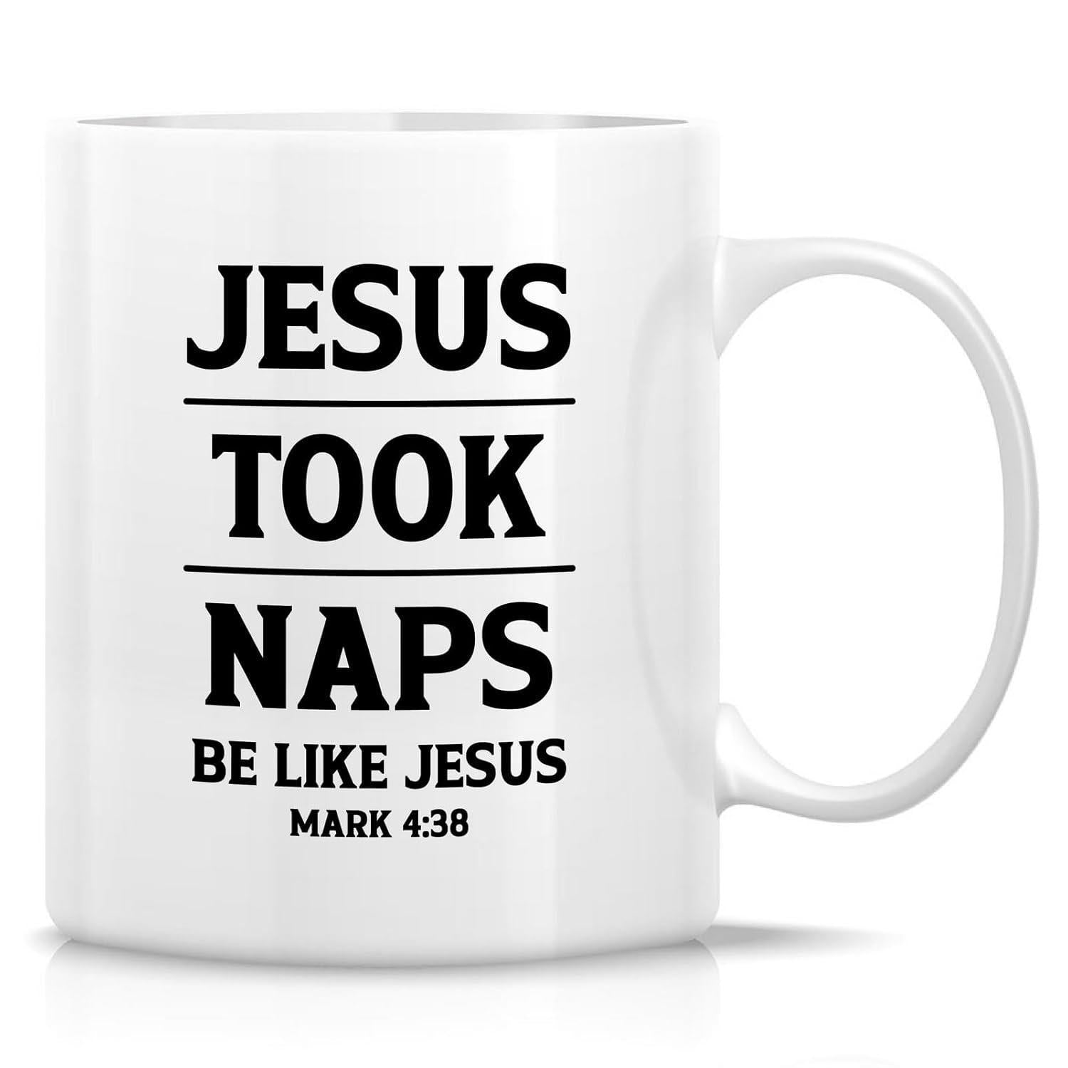 Tailorly White Ceramic 11 oz Mug - Jesus Took Naps Be Like Jesus Mark 4 38 Bold Black Religious Lettering With Horizontal Lines Minimalist Aesthetic Typography