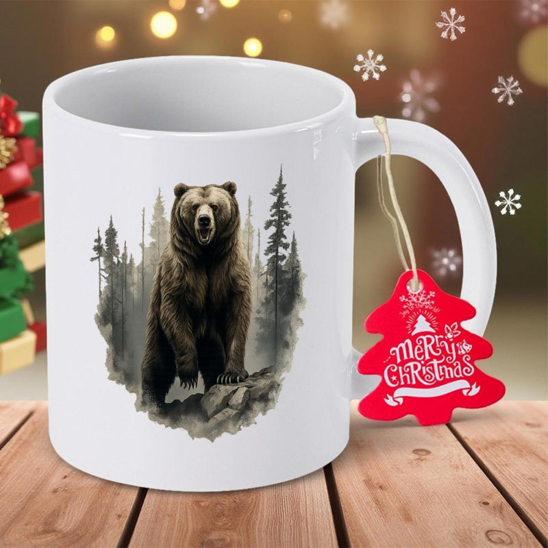 Tailorly White Ceramic 11 oz Mug - Majestic Brown Bear Standing In Dense Pine Forest Wilderness Under Winter Atmosphere Bear