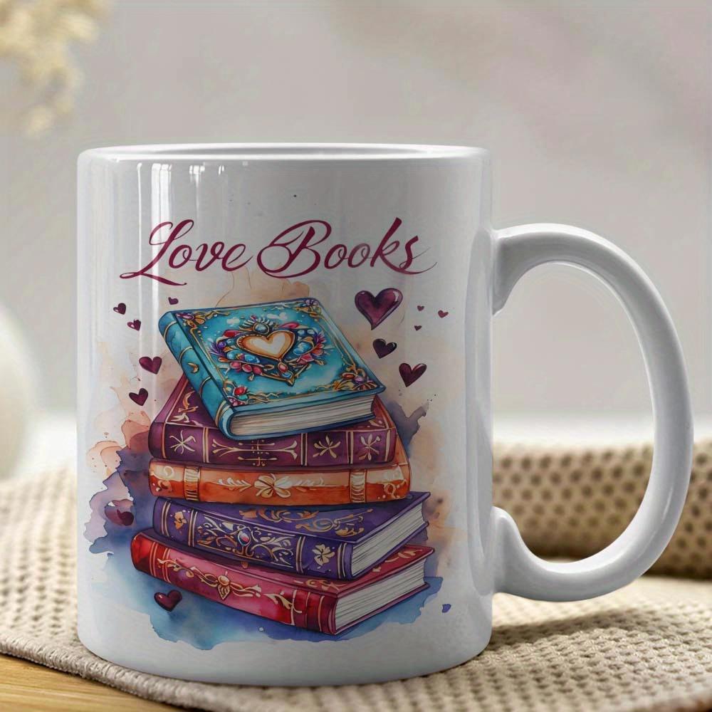 Tailorly White Ceramic 11 oz Mug - Love Books Artistic Watercolor Stack Of Vintage Hardcover With Floating Small Hearts Books