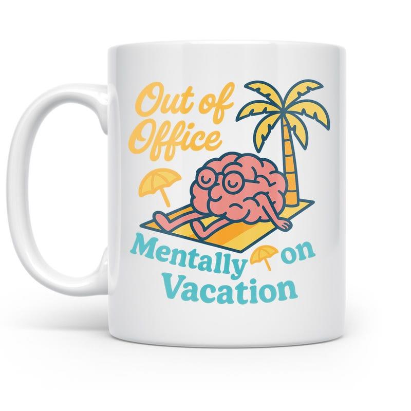 Tailorly White Ceramic 11 oz Mug - Out Of Office Mentally On Vacation Relaxing Cartoon Character Resting Under A Tropical Palm Tree Brain
