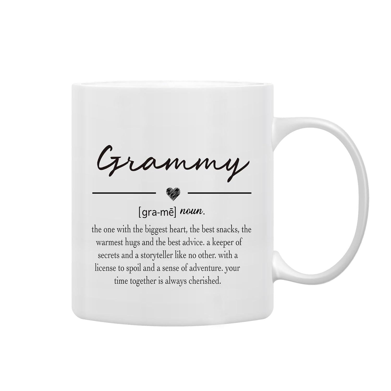 Tailorly White Ceramic 11 oz Mug - Grammy Elegant Black Script Font Featuring Small Heart Symbol Between Lines Grammy