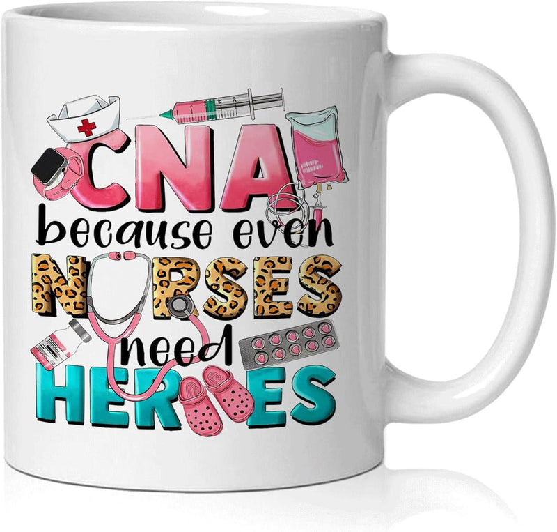Tailorly White Ceramic 11 oz Mug - Cna Because Even Nurses Need Heroes Decorative Leopard Print Pattern Surrounding Professional Medical Equipment Stethoscope