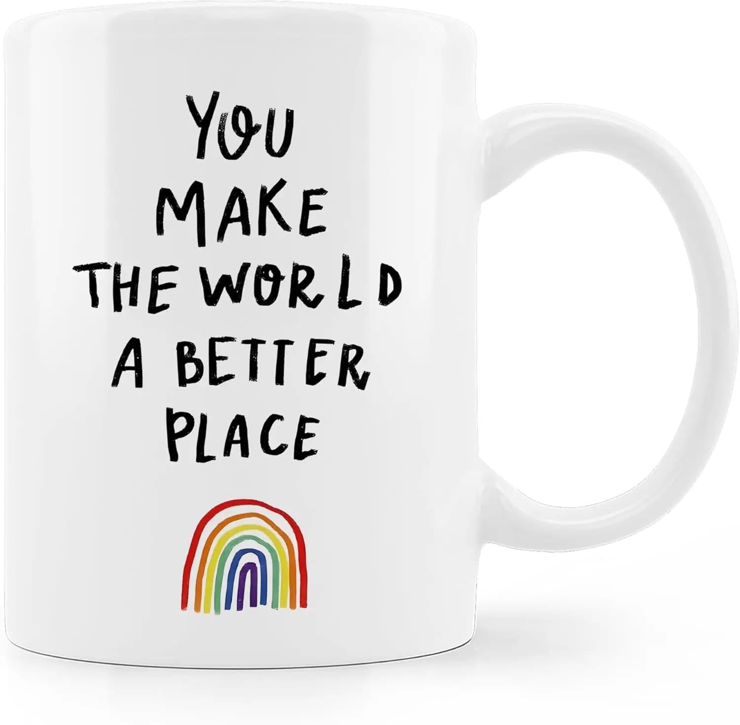 Tailorly White Ceramic 11 oz Mug - You Make The World A Better Place Minimalist Hand Drawn Colorful Rainbow Arching Over
