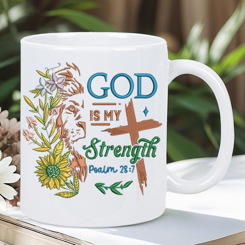 Tailorly White Ceramic 11 oz Mug - God Is My Strength Psalm 28 7 Majestic Lion Profile Merged With Blooming Sunflowers And Rustic Wooden Cross Lion