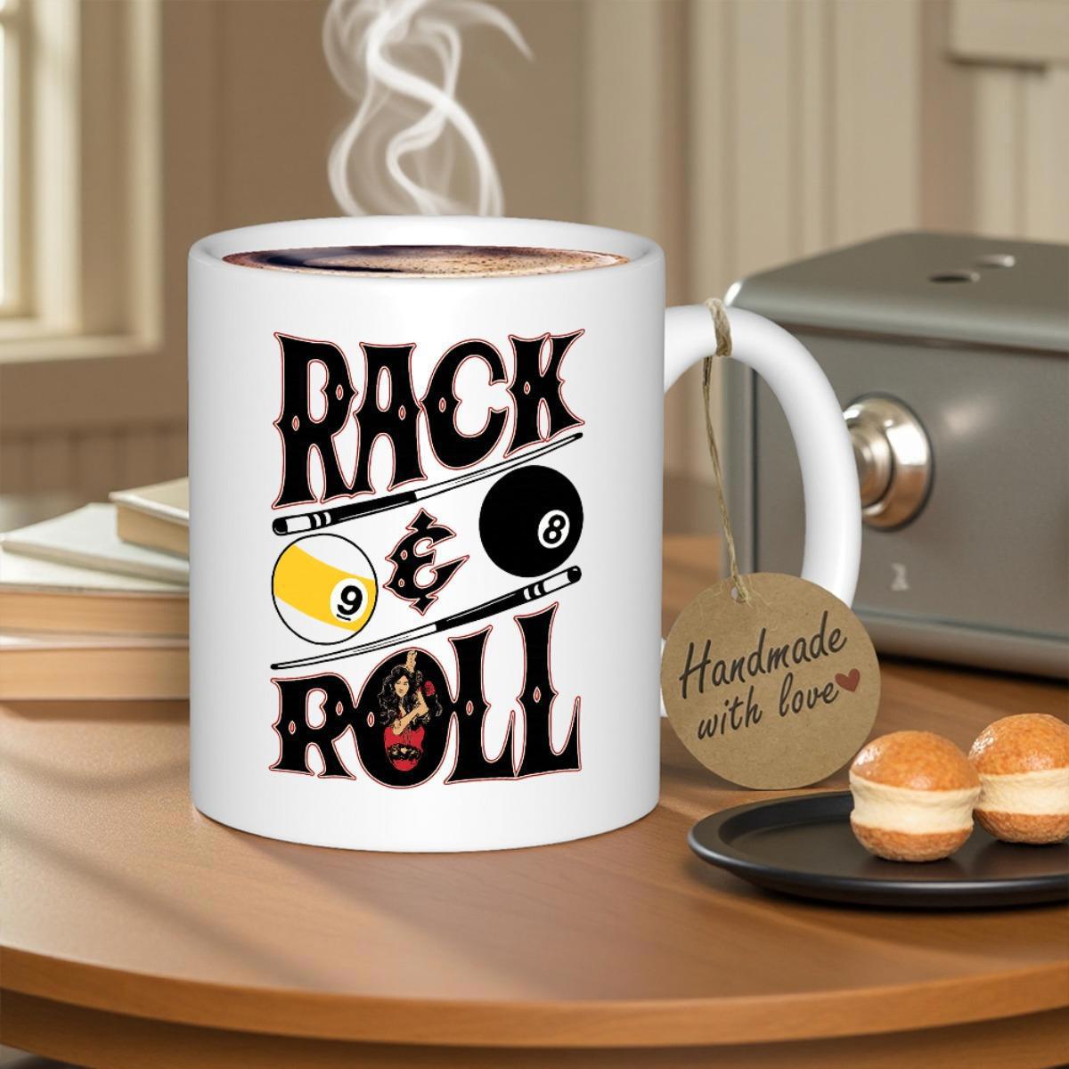 Tailorly White Ceramic 11 oz Mug - Rack Roll Vintage Billiard Scene With Pool Cues And Numbered Balls Billiards