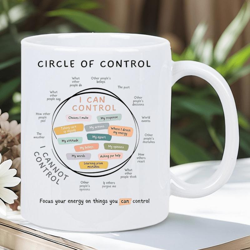 Tailorly White Ceramic 11 oz Mug - Circle Of Control Colorful Text Boxes Within A Simple Hand Drawn Mental Health Diagram