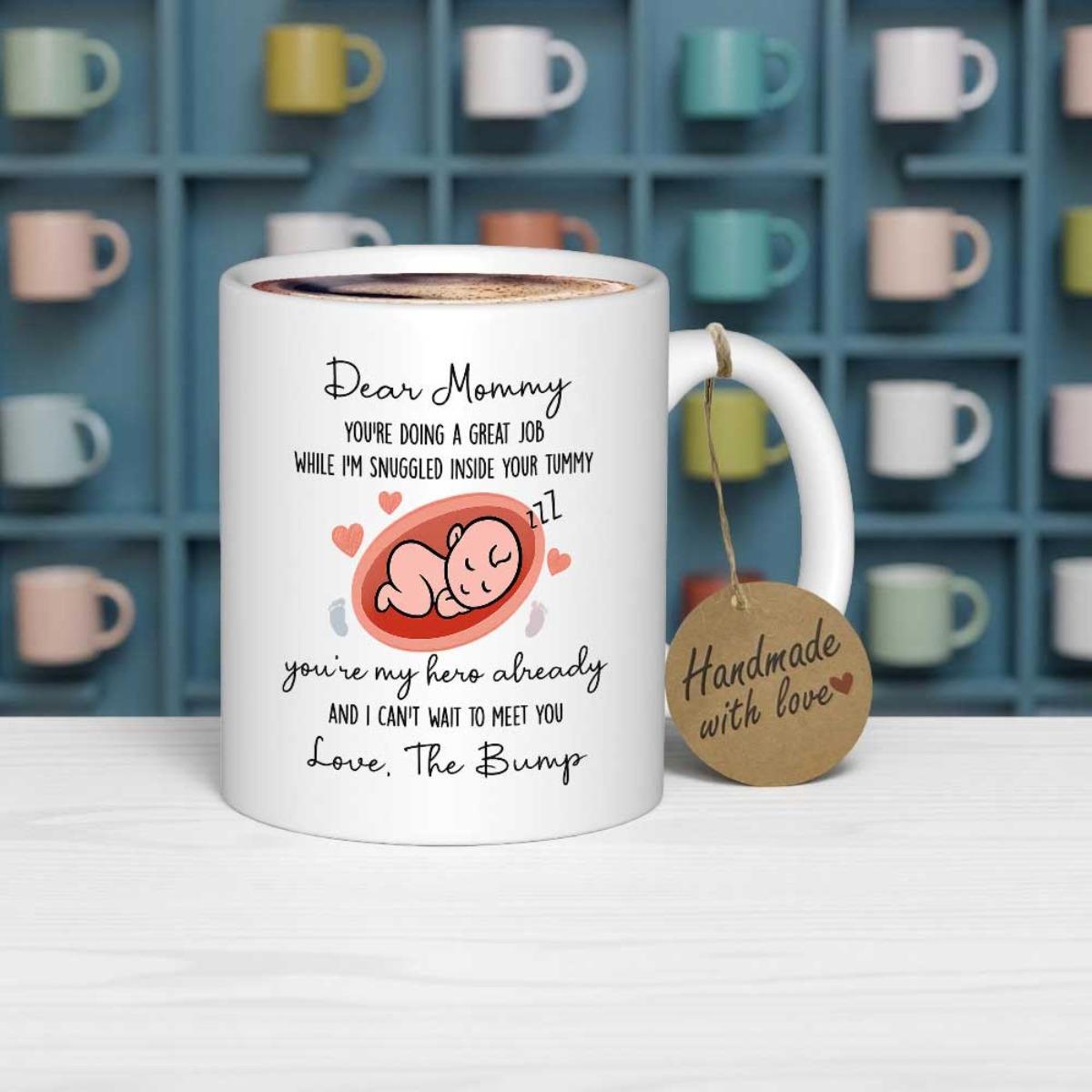 Tailorly White Ceramic 11 oz Mug - Dear Mommy Youre My Hero Already Love The Bump Sleeping Fetus Curled Inside Red Womb Surrounded By Tiny Hearts Baby