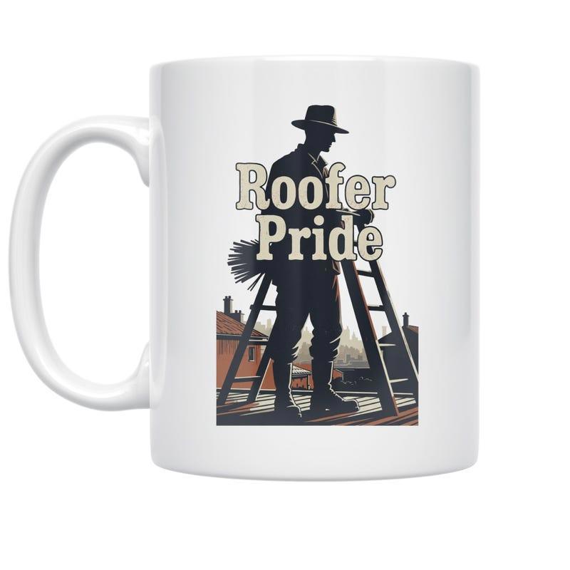 Tailorly White Ceramic 11 oz Mug - Roofer Pride Vintage Silhouette Working Hard On High Rooftop Using Tall Ladder Roofer