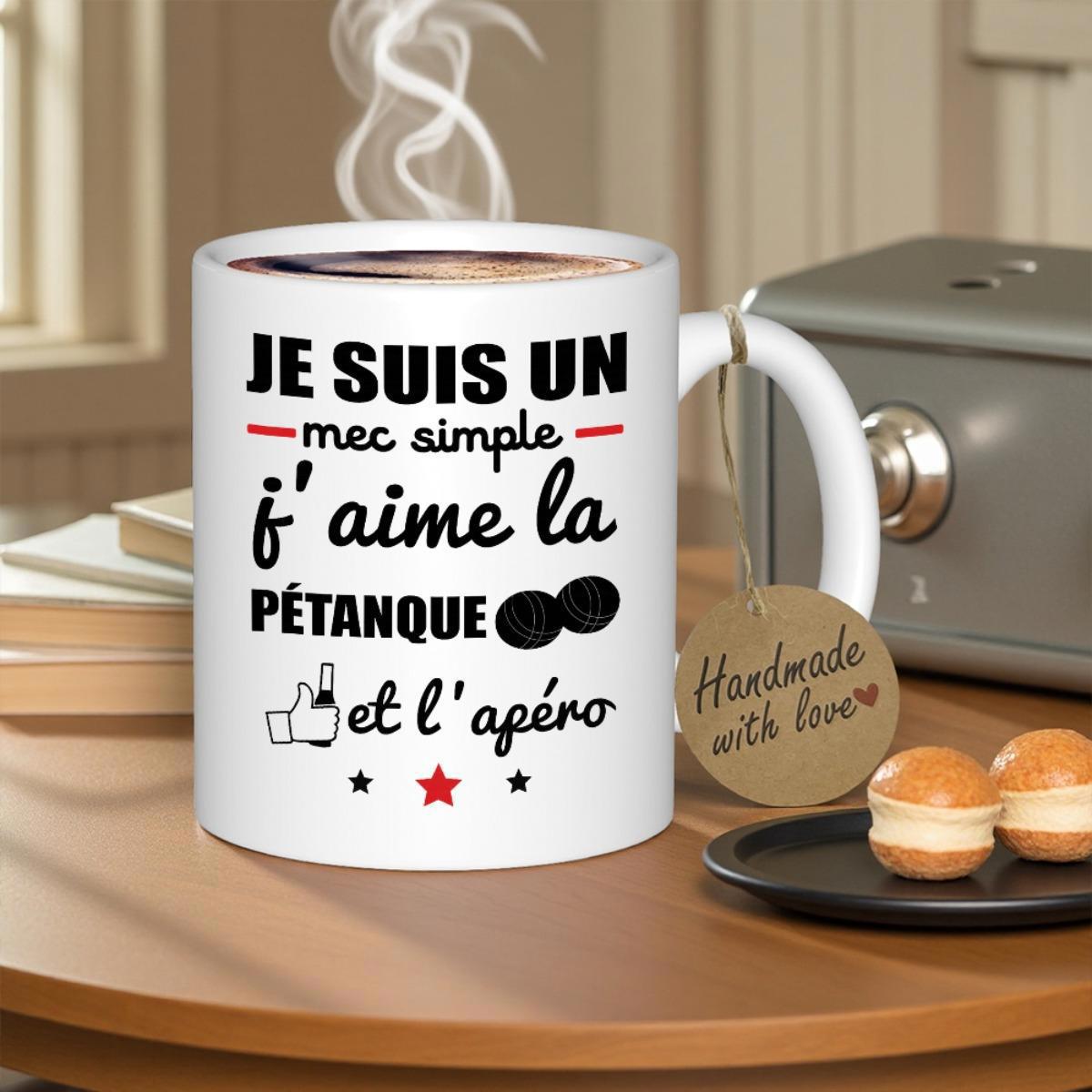 Tailorly White Ceramic 11 oz Mug - Classic French Sport Pétanque Balls And Drinks Among Little Red Stars Mug
