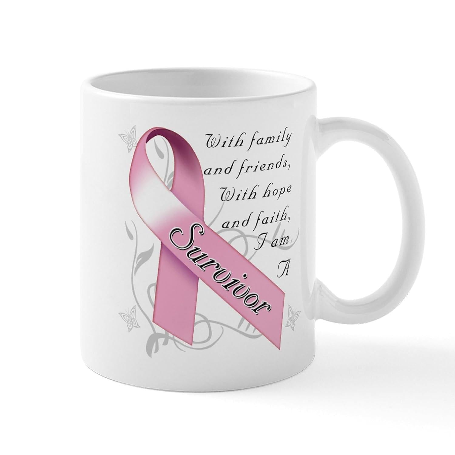 Tailorly White Ceramic 11 oz Mug - With Family And Friends With Hope And Faith I Am A Survivor Elegant Pink Awareness Symbol Surrounded By Delicate Floral Swirls
