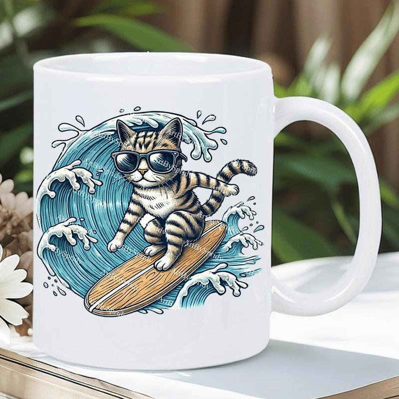 Tailorly White Ceramic 11 oz Mug - Cool Tabby Wearing Sunglasses Balancing On Surfboard Over Cresting Blue Ocean Wave Cat