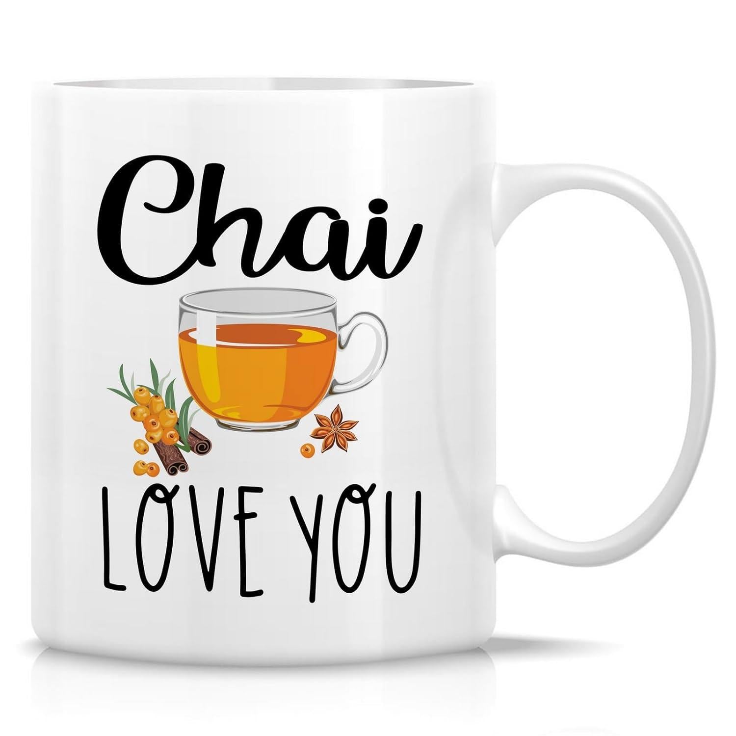 Tailorly White Ceramic 11 oz Mug - Chai Love You Transparent Glass Cup Filled With Steaming Tea Among Traditional Spices Mug