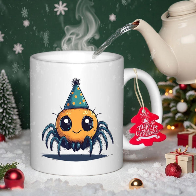 Tailorly White Ceramic 11 oz Mug - Merry Christmas Adorable Cartoon Spider Wearing Festive Party Hat With Tiny Black Legs Spider