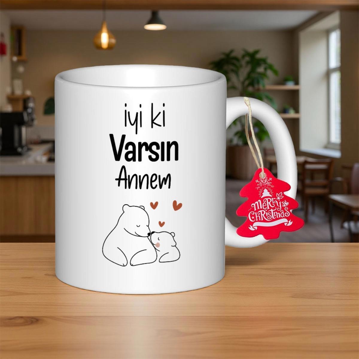Tailorly White Ceramic 11 oz Mug - Adorable Line Art Mother And Cub Cuddling With Tiny Hearts Polar Bear