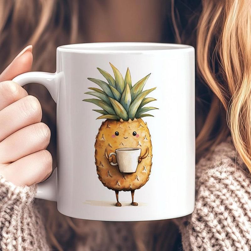 Tailorly White Ceramic 11 oz Mug - Cute Stylized Tropical Fruit Character With Thin Legs Holding Coffee Cup Pineapple