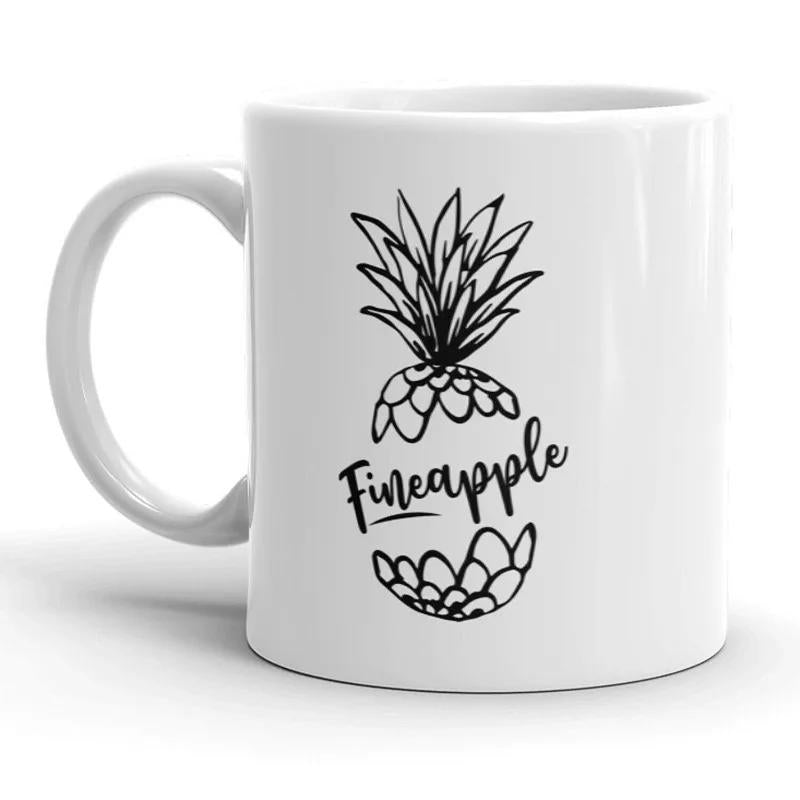 Tailorly White Ceramic 11 oz Mug - Fineapple Artistic Black Hand Drawn Split Tropical Fruit Concept Minimalist Pineapple