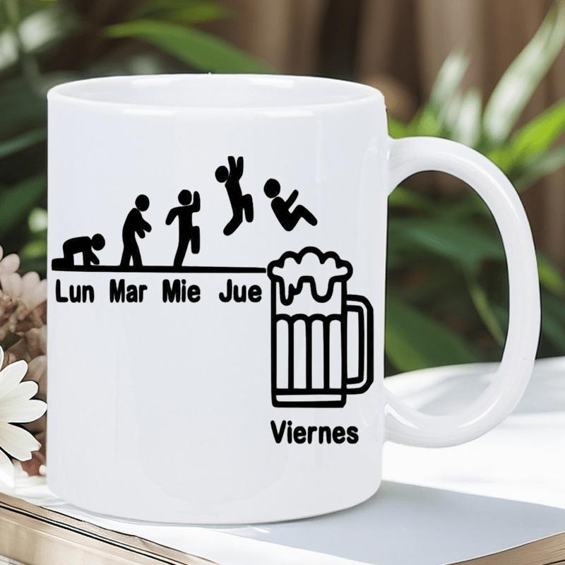Tailorly White Ceramic 11 oz Mug - Minimalist Black Stick Figures Jumping Toward A Large Foamy Beer Mug