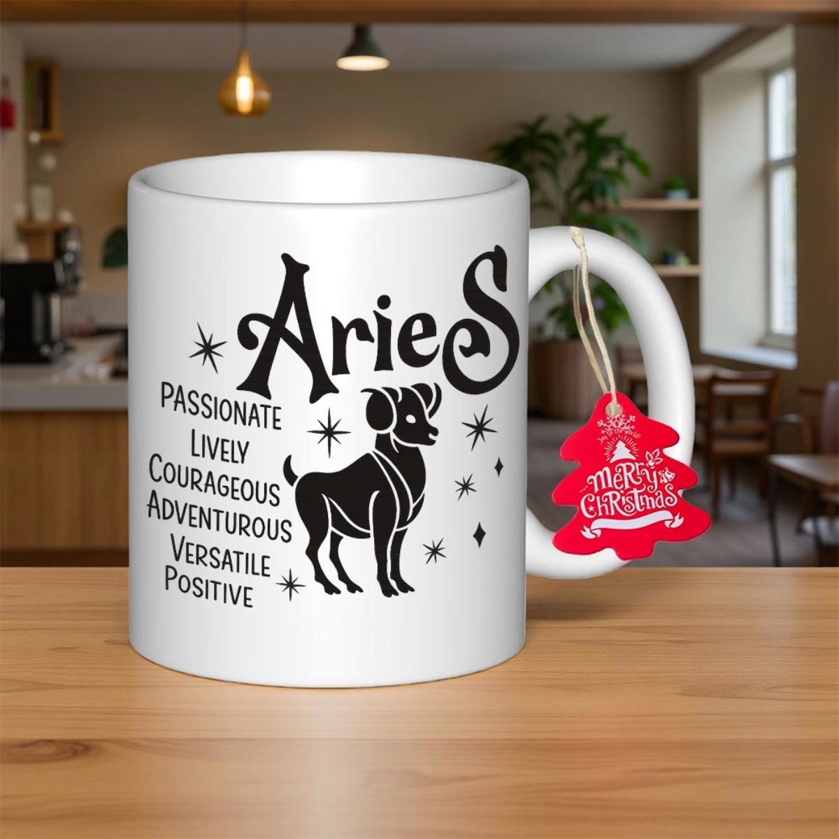 Tailorly White Ceramic 11 oz Mug - Aries Passionate Lively Courageous Adventurous Versatile Positive Elegant Silhouette Of A Standing Ram Surrounded By Shimmering