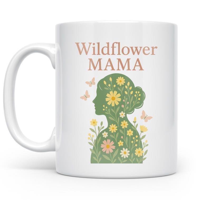 Tailorly White Ceramic 11 oz Mug - Wildflower Mama Elegant Profile Of A Woman Filled With Blooming Spring Wildflowers Woman Silhouette