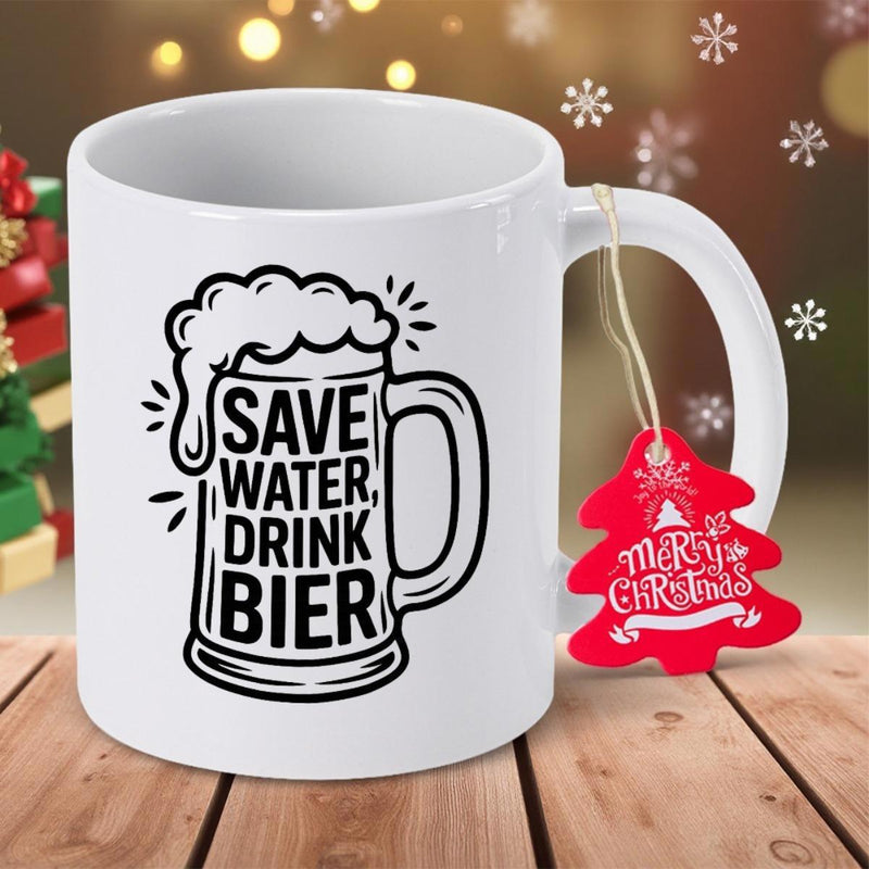 Tailorly White Ceramic 11 oz Mug - Save Water Drink Minimalist Hand Drawn Sketch Of Overflowing Frothy Foam Beer Mug