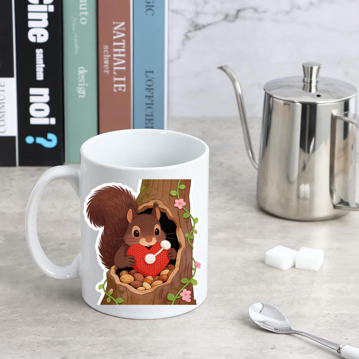 Tailorly White Ceramic 11 oz Mug - Adorable Brown Squirrel Holding Red Heart Inside A Flowering Tree Hollow Squirrel