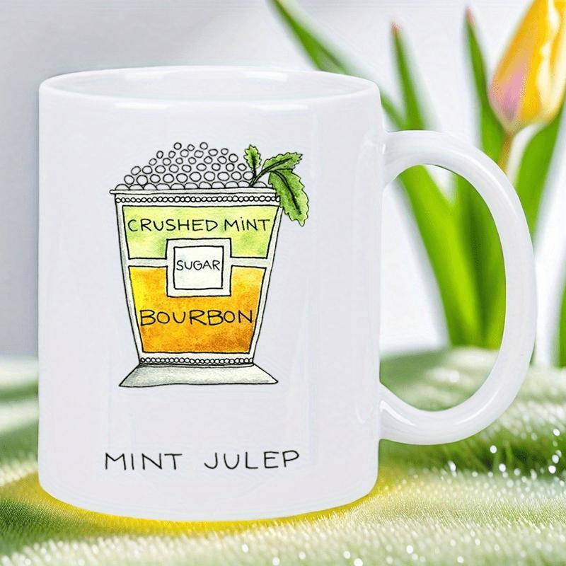 Tailorly White Ceramic 11 oz Mug - Crushed Mint Sugar Bourbon Mint Julep Hand Drawn Watercolor Illustration With Vibrant Green Mint And Amber Bourbon Cocktail