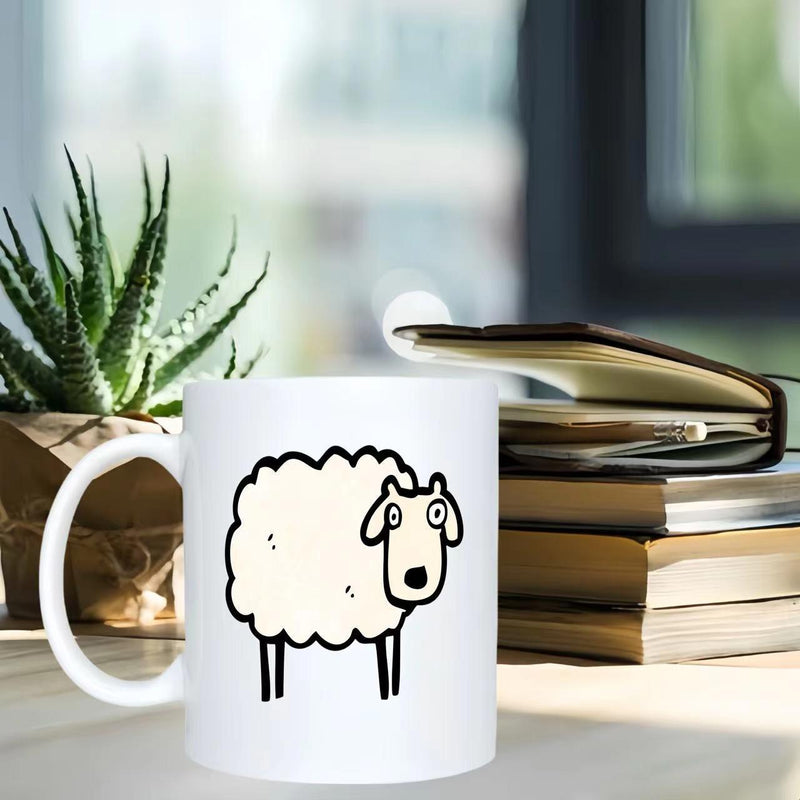Tailorly White Ceramic 11 oz Mug - Minimalist Hand Drawn Fluffy White Cartoon Animal Woolly Sheep